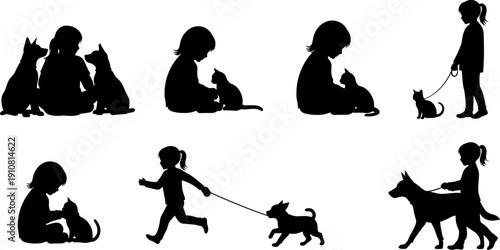 Silhouette set of children playing with pets including walking dogs and sitting with cats, minimalist black vector icons on white background