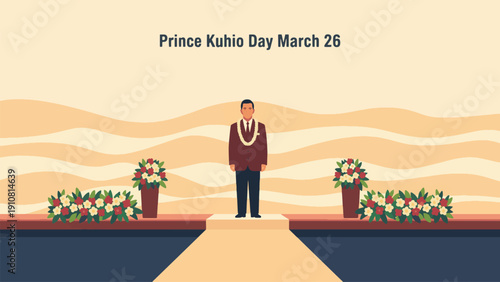 Prince Kuhio Day March 26 Commemorative Ceremony with Statue and Floral Arrangements Flat Vector Illustration