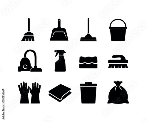 A comprehensive set of graphic symbols illustrating essential items for maintaining a clean home environment, including a broom, dustpan, mop, bucket, vacuum, spray bottle, sponge,