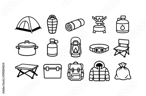 A set of essential gear for camping and hiking, including a tent, sleeping bag, stove, and backpack