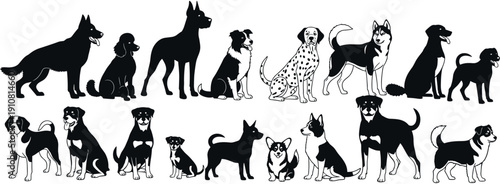 Set of various dog breed silhouettes and illustrations including German Shepherd, Poodle, and Husky, minimalist black and white canine vector art