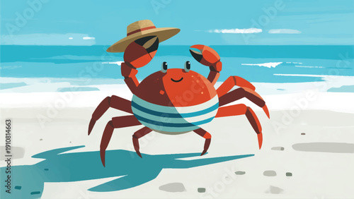 Illustration Of A Crab Wearing A T-Shirt And Straw Hat, Walking Sideways On A White Sandy Beach, Small Waves And A Bright Blue Sky Vector Design Template