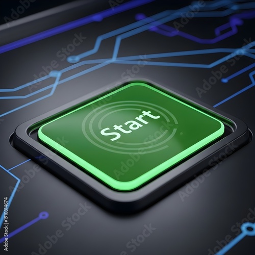 Green START Button on Circuit Board Background - Technology Interface Element