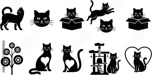 Black cat silhouette collection, cute kitten in box, jumping cat, feline head icons, kitty with heart, pet accessory set, vector, black cat bundle, cat tree, cat lover design, animal graphics.