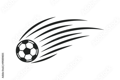 Flying Soccer Ball Vector Illustration with Dynamic Motion Trail, Black and White Sports Graphic Isolated on White Background
