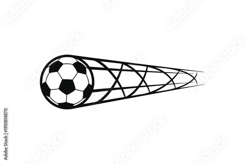 Flying Soccer Ball Vector Illustration with Dynamic Motion Trail and Net Grid Isolated on White Background
