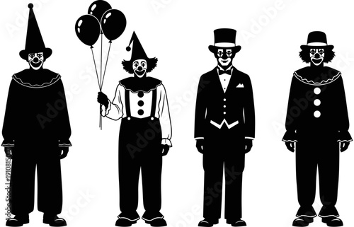 Clown silhouette set, circus performer characters with balloons, carnival entertainer figures, funny jester and mime artist icons for festival events.