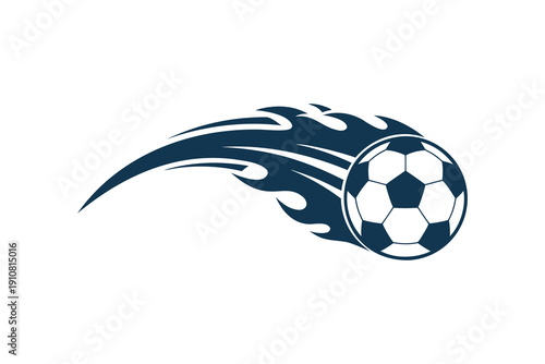 Flying Soccer Ball Vector Illustration with Dynamic Blue Flame Trail, Sports Motion Graphic Isolated on White Background
