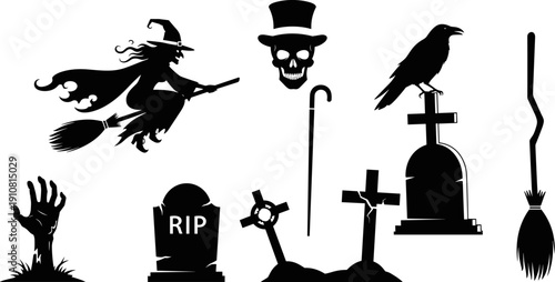 Halloween silhouette set, witch flying on broomstick, skull in top hat, raven on tombstone, zombie hand, and spooky cemetery graveyard elements.