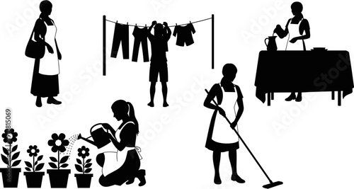 Housewife silhouette set doing household chores like hanging clothes watering flowers mopping floor and serving food at table in white background.
