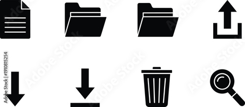 Black for file management and organization document upload file folder download trash can magnifying glass black and white computer data management symbols, document upload, black, file, management, o