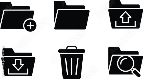 Black and white computer for file management computer file computer, folder, black, white, symbols, file, download, upload, search, trash, add, various, background, style, color, pattern, visual, crea