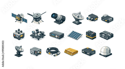 A diverse set of flat design icons representing satellites, telescopes, batteries, solar panels, and other scientific equipment