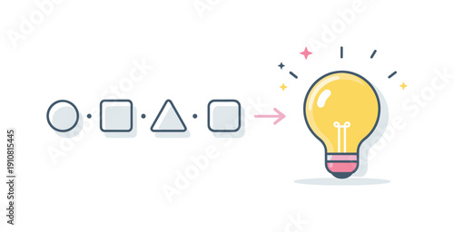 A sequence of basic geometric shapes progresses towards a glowing lightbulb, representing the journey from concept to realization