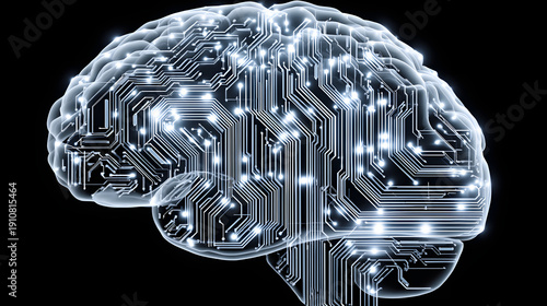 A futuristic Brain with an intricate Circuit overlay, representing advanced Intelligence and Technology. This AI powered Digital Neural Network System is a powerful Concept of cognitive evolution.
