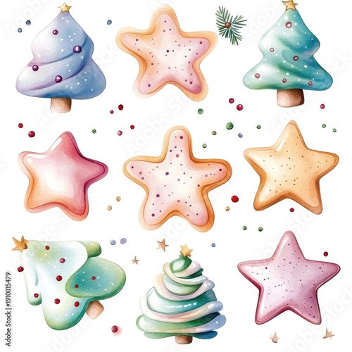 Festive christmas cookies: assorted tree and star shapes with icing designs for holiday celebrations