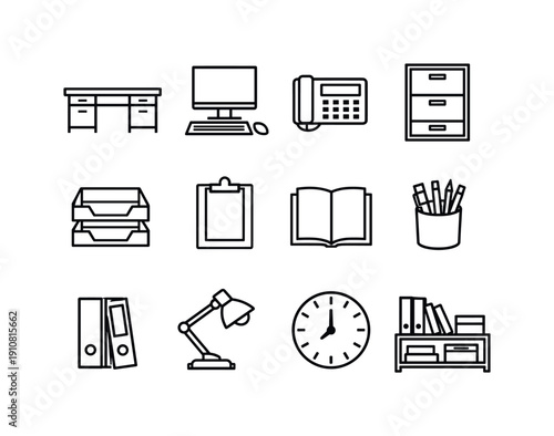 A set of simple black and white line drawings depicting essential office equipment and furniture for a workspace