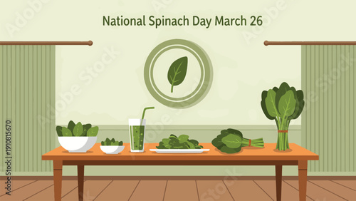 National Spinach Day March 26 Fresh Spinach and Green Vegetables on Dining Table Interior Flat Vector Illustration