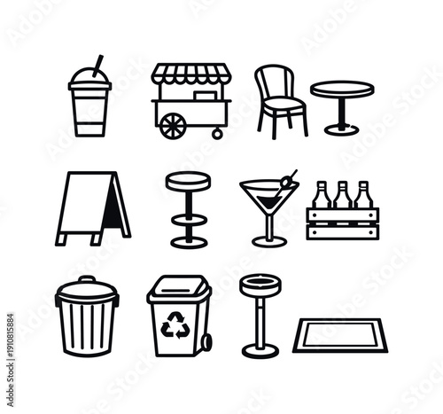 A set of minimalist vector graphics depicting items commonly found in outdoor dining and drinking establishments