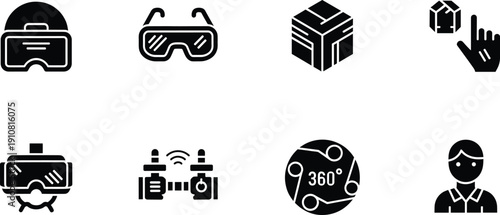 Black and white virtual reality on white background virtual reality, black and white, vr headset, 360 degrees, cube, hand, goggles, people, technology, digital, symbols, white background, black, white
