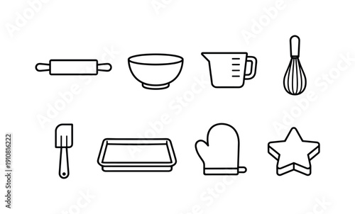 A set of essential baking tools illustrated in a clean, minimalist line art style, perfect for culinary themes