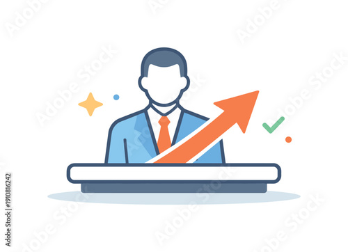 An abstract illustration representing business success, financial progress, and achievements with a stylized figure and a rising arrow graphic