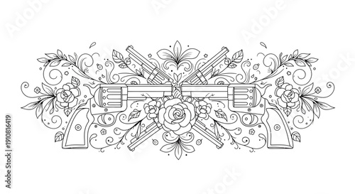 Intricate floral guns arrangement a juxtaposition of danger and delicacy coloring page