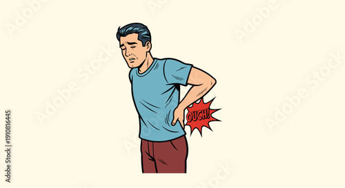 Illustration showing a man experiencing lower back pain with a comic book style bubble