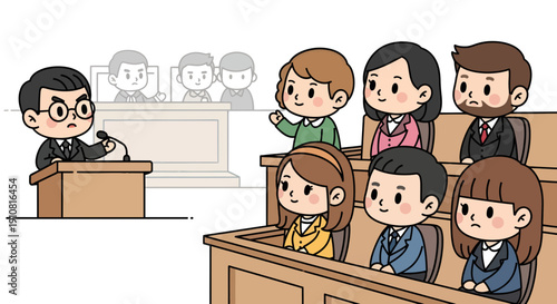 Illustration showcasing courtroom proceedings with judge and attendees in a playful style