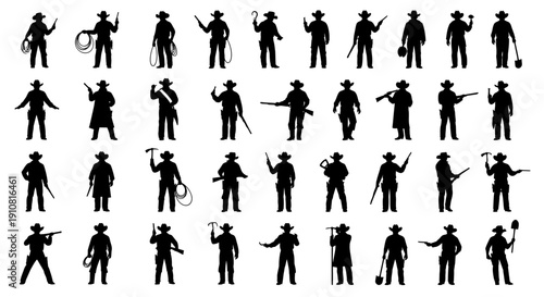 Collection of Cowboy Silhouettes with Various Poses and Weapons.