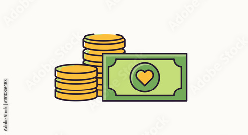 Illustration of money with love heart symbol representing financial support or donation