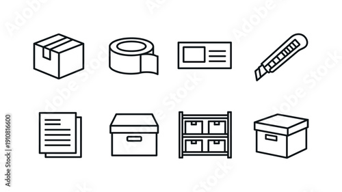 Collection of simple vector graphics depicting boxes, tape, labels, cutter, and shelving units for warehouse and postal services