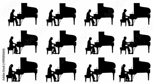 Silhouettes of people playing grand pianos in various positions.