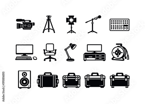 A set of black and white vector icons representing various tools used in media creation and broadcasting