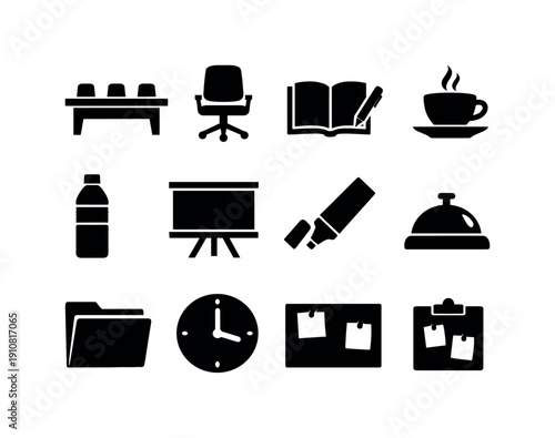 A set of simple, modern icons representing various office supplies and business elements, perfect for presentations and websites