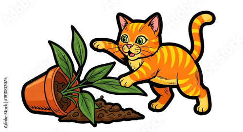 Orange cat playing and knocking over potted plant indoors  