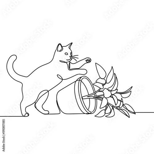 Cat playing and knocking over a plant pot indoors  