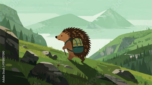 Illustration Of A Hedgehog Wearing A Small Hiking Jacket And Backpack, On A Mountain Trail, Misty Mountains In The Distance, Slow Travel Holiday Atmosphere Vector Design Template