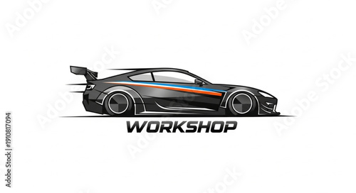 Sleek Sports Car Illustration with Workshop Text.