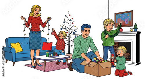 Family decorating living room with Christmas ornaments and lights  