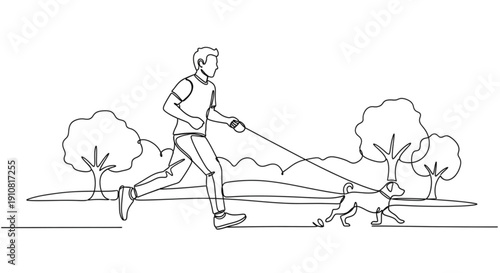 Man jogging with dog in park surrounded by trees  