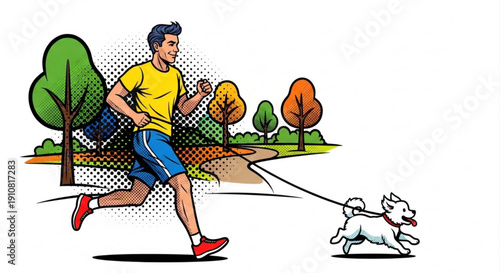 Man jogging with small dog in park during autumn season  