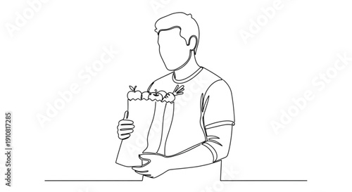 Man holding paper bag filled with groceries in minimalist style  