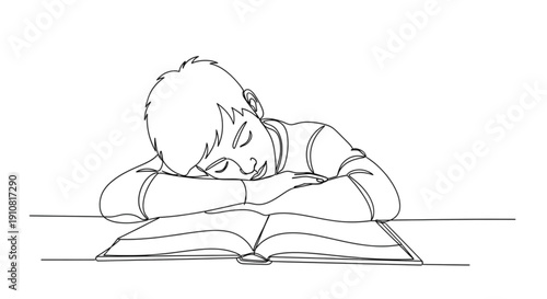 Young boy resting head on open textbook while studying indoors  