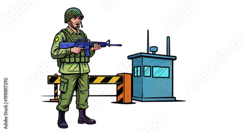 Soldier standing guard at checkpoint with rifle and barrier  