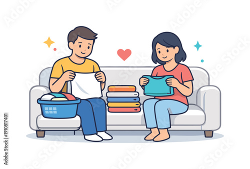 A man and woman are sitting on a sofa, folding clothes and a laundry basket is nearby, suggesting shared household chores and a loving relationship