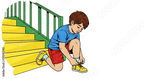 Young boy tying shoelace on yellow stairs with green railing  