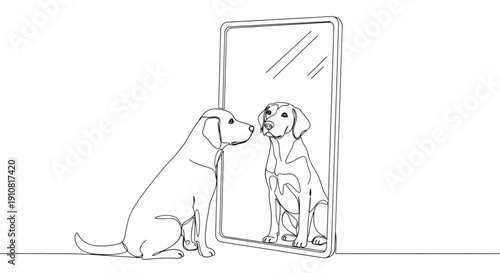 Dog looking at reflection in mirror in minimalist line art style  