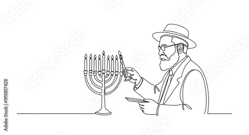 Elderly man lighting menorah during Hanukkah celebration  