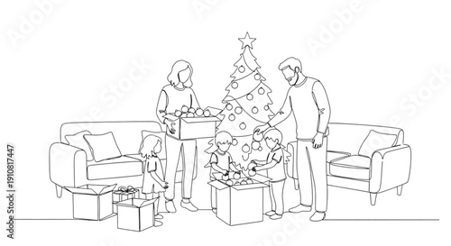 Family decorating Christmas tree with gifts in living room  